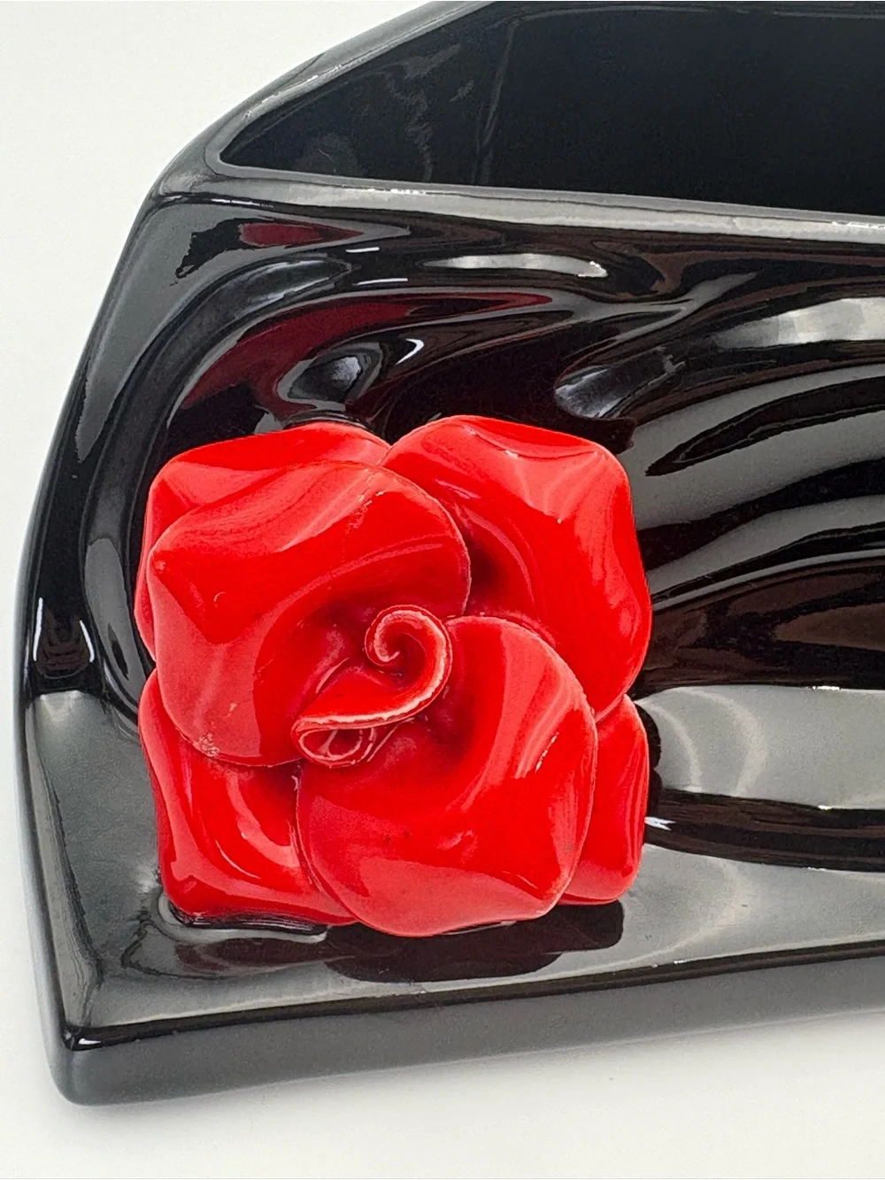 Art Deco Style Black Ceramic and Red Rose Lidded Box and Open Container